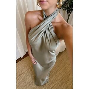 Show Me Your Mumu Jasmine Halter Maxi Dress Moss Green Luxe Satin XS